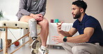 People, patient and physiotherapy with prosthetic leg as amputee at wellness center for training or exercise. Person with a disability, support and medic at rehabilitation clinic for health or advice