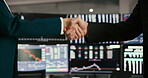Business, people and handshake with computer screen for stock market, trading negotiation or finance promotion. Staff, meeting and deal with onboarding welcome, investment b2b and partnership support