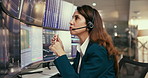 Stock market, woman or tech in office for trade, foreign exchange or headset for contact. Finance, computer or fintech agent on call for investment, strategy or dashboard on screen for comparison