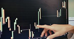 Business person, hands and screen with candlestick graph for stock market, trend or data. Closeup, chart and display with diagram for investment, time frame or trading statistics on profit or loss