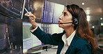 Stock market, woman or computer in office for trade, foreign exchange or headset for contact. Finance, tech or fintech agent on call for investment, strategy or dashboard on screen for comparison
