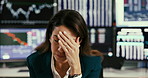 Frustrated woman, trader and stock market with stress for trading loss or bad investment on foreign exchange. Portrait, female person or broker with screen or pov in debt for crash, risk or plummet