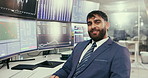 Happy, businessman and trader with screen for stock market trading, investment or foreign exchange at office. Portrait, man or broker with smile for global finance, bond or commodities at workplace