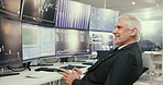 Happy, business and man with computer for stock market, financial trading and investment performance. Male trader, digital and cryptocurrency with data analysis, graph increase and profit growth