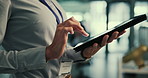 Business, hands and woman with tablet, typing and internet with professional, digital app and connection. Closeup, person and employee with tech, software analysis and upgrade for company research