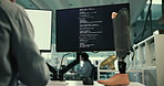 Robotics, development and person at computer screen with prosthetic leg, coding or innovation in laboratory. Future technology, medical engineering and programmer with data for artificial limb design