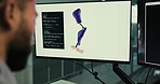 Design, development and person at computer screen with prosthetic leg, coding or innovation in laboratory. Future technology, medical engineering and programmer with 3d data for artificial limb