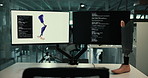 Computer screen, code and programming at desk in laboratory, machine learning and prosthetic design. Bionic limb, pc and ux for science, mobility aid and futuristic engineering project for anatomy