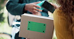 Hands, delivery and woman with box on green screen for shipping, logistics or mockup space. Closeup, courier and customer with package for cargo, stock and pos payment on phone with tracking markers