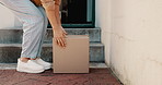 Hands, delivery and customer pickup box for shipping, ecommerce or online shopping logistics. Closeup, parcel and person walking to package for cargo, stock or distribution service for order at home