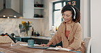 Tablet, house and woman with headphones, dancing and singing with audio, listen to music and stress relief. Tech, person or girl with headset, coffee and sound with song, happiness or radio in lounge