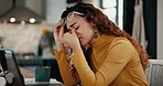 Remote work, tired and woman with eye strain, headache or fatigue in home office. Migraine, stress or African freelancer with glasses on laptop with pain in kitchen for burnout or massage nose bridge