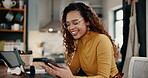 Woman, smile and remote work with phone in kitchen for communication, funny email and freelance trading. Investor, reading and laugh with tech at home for investment, growth and stock market research