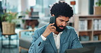 Cellphone, businessman and phone call for consultation in schedule planning, strategy or office discussion. Creative manager man, smartphone and talking by laptop for project research at workplace