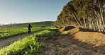 Fast, back and person on bike in countryside for sustainability, travel or sports in natural environment. Nature, speed or rider on dirt path trail for challenge, race and transportation in Italy