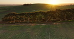 Aerial view, environment and sunset with nature, empty and mountains with ecology, growth and earth day. Trees, tourism and landscape with plants, countryside and sustainability with agriculture