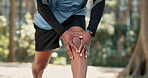 Man, legs and outdoor running with knee pain, fitness injury and muscle inflammation in nature. Male person, bruise and massage joint for relief in park, accident and performance for strain on bone