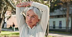 Nature, senior or woman stretching arms to start running, outdoor workout or training in park. Flexible, retirement and elderly runner thinking of routine for warm up, exercise and fitness health