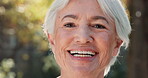 Face, senior and smile of happy woman outdoor in nature for adventure, exercise or hiking closeup. Fitness, portrait and retirement with old person in forest or park to explore Norway wilderness