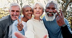 Face, selfie and senior people in nature for fitness, exercise or health activity together, Peace sign, happy and portrait of elderly friends group with diversity for outdoor photography picture.