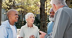 Fitness, nature and talking with senior friends outdoor together for bonding, conversation or training. Exercise, health and smile with old people talking in forest or park for start of workout