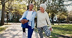 Old people, running and stretching legs in nature, outdoor warm up and training in park for fitness. Senior women, support and flexibility for muscle wellness in retirement, preparation and talking