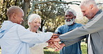 Senior people, fitness and outdoor huddle for motivation, training and together for workout progress. Group, teamwork and diversity celebration in retirement, energy and support for exercise goals