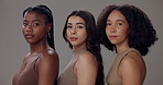 Women, face and skincare with diversity in studio for dermatology, beauty and solidarity on gray background. Friends, healthy skin and inclusion for self care, cosmetics and facial transformation
