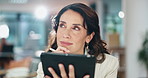 Tablet, business woman and thinking in office for inspiration, idea or problem solving. Planning, technology and worker with pen for research, reading email or broker check sales report for solution