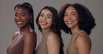 Women, happy and skincare with face in studio for dermatology, beauty or solidarity on gray background. Friends, healthy skin and support with smile for self care, cosmetics or facial transformation
