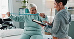 Happy woman, tablet or senior with resistance band for exercise, physiotherapy or balance at clinic. Female person, physiotherapist and technology with elderly patient for fitness or physical therapy