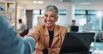 Business people, handshake and woman in office, job interview and greeting with thank you. Employee, candidate or human resources with new position, gesture or success with cooperation or recruitment