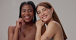 Underwear, happy and face of women in studio for wellness, natural beauty and body positivity. Smile, diversity and portrait of people with confidence, self love and inclusion on gray background