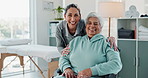 Happy woman, physiotherapist or elderly patient with wheelchair for assistance, support or care at clinic. Portrait, therapist and hug with senior or person with a disability for healthcare at clinic