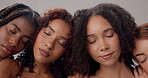 Skincare, studio and group of women with eyes closed for natural beauty, dermatology and results. Relax, people and cosmetics with support for diversity, inclusion and equality on gray background