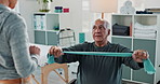 Physiotherapy, stretching band and elderly man with exercise for muscle, recovery and healing. Physiotherapist, help and flexibility of person with disability for mobility, rehabilitation and support