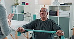 Physiotherapy, stretching band and senior man with exercise for muscle, recovery and rehabilitation. Physiotherapist, help and person with flexibility for mobility, assessment and healing progress