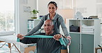 Physiotherapist, stretching band and elderly man with exercise for muscle, healing and recovery. Physiotherapy, support and person with equipment for mobility assessment, strength and rehabilitation