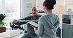 Physiotherapy, band and elderly man with exercise for muscle recovery, stretching and healing. Physiotherapist, tablet and person with flexibility for mobility assessment, rehabilitation and support