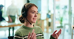 Woman, call center and advice by computer in office with headphone, reading or question for tech support. Person, agent and consulting by pc, smile or crm with solution for customer care in workplace