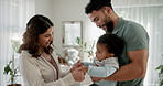 Love, dancing and baby with parents in bedroom for infant care, development and growth. Happiness, support and calm with people playing with child in family home for wellness, youth and comfort