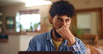 Remote work, thinking and businessman with laptop for typing, proofreading and draft angle for story. Freelancer, male journalist and online publication with computer for research, editing or article