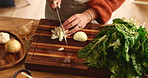 Hands, kitchen and woman chop onion for cooking healthy dinner, meal or culinary food at home. Knife, ingredients and closeup of female person cut vegetables for diet, nutrition or wellness supper.