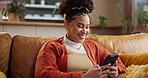 Happy, message and woman with phone on sofa for dating app, platform and digital conversation. Person, smile and typing with technology at home for profile match, response and online communication