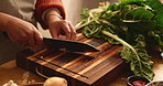 Hands, kitchen and woman cut garlic for cooking healthy dinner, meal or culinary food at home. Knife, ingredients and closeup of female person chop vegetables for diet, nutrition or wellness supper.