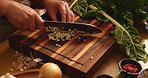 Hands, kitchen and woman dice onion for cooking healthy dinner, meal or culinary food at home. Knife, ingredients and closeup of female person chop vegetables for diet, nutrition or wellness supper.