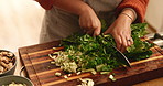 Hands, kitchen and woman cut spinach for cooking healthy dinner, meal or culinary food at home. Knife, ingredients and closeup of female person chop vegetables for diet, nutrition or wellness supper.