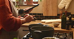 Hands, pot and spices in house for cooking, flavor and dinner with meal prep, brunch or stove in kitchen. Person, oven and salt in home for food, recipe or ingredients with diet, nutrition and lunch
