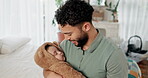 Love, relax and baby with father in bedroom for infant care, development and growth. Happiness, support and calm with man and sleeping child in family home for wellness, youth and comfort together