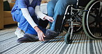 Nurse, healthcare and wheelchair with shoes of old person with a disability for physiotherapy, support or osteoarthritis. Help, occupational therapy and rehabilitation assistance in retirement home